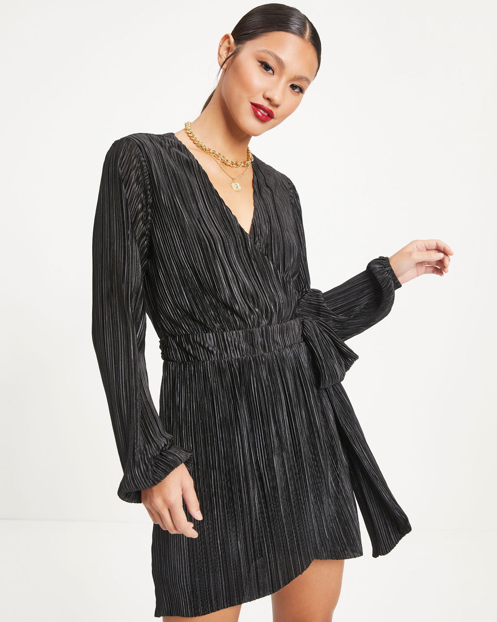 Beyond Imagination Plisse Wrap Mini Dress - Black
