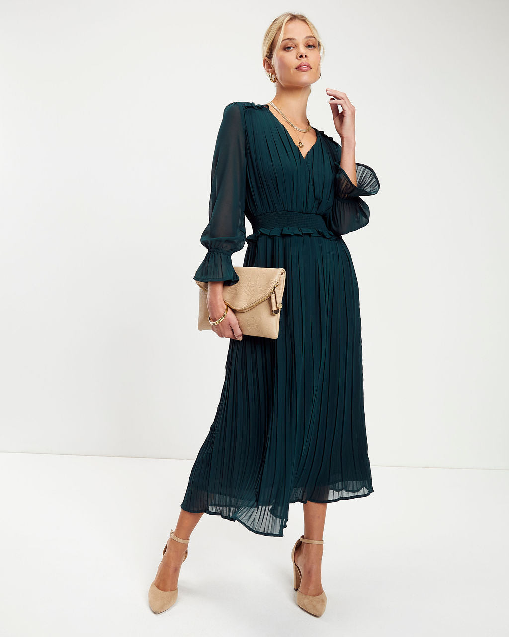 Forest Romance Pleated Midi Dress - Hunter Green