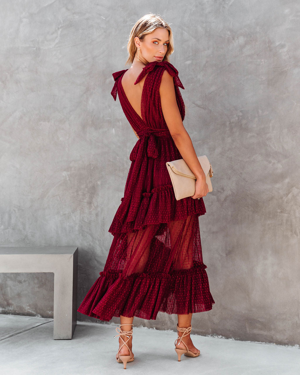 Carrie In Paris Tiered Tulle Midi Dress - Wine