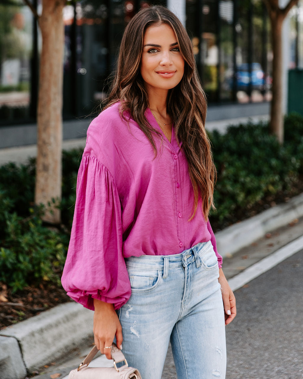 Asher Balloon Sleeve Button Down Top - Magenta - SALE