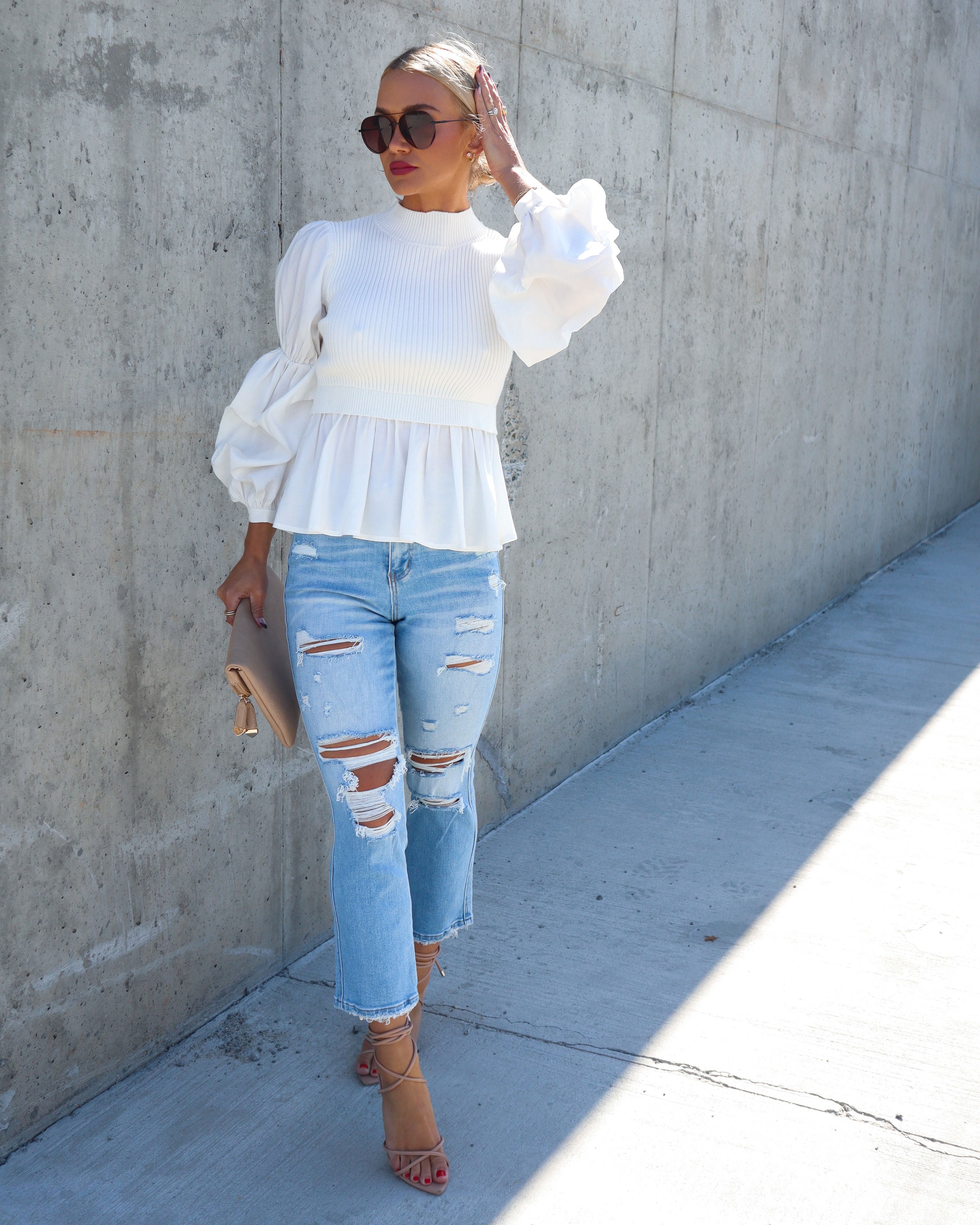 All The Best Contrast Knit Puff Sleeve Top - Ivory