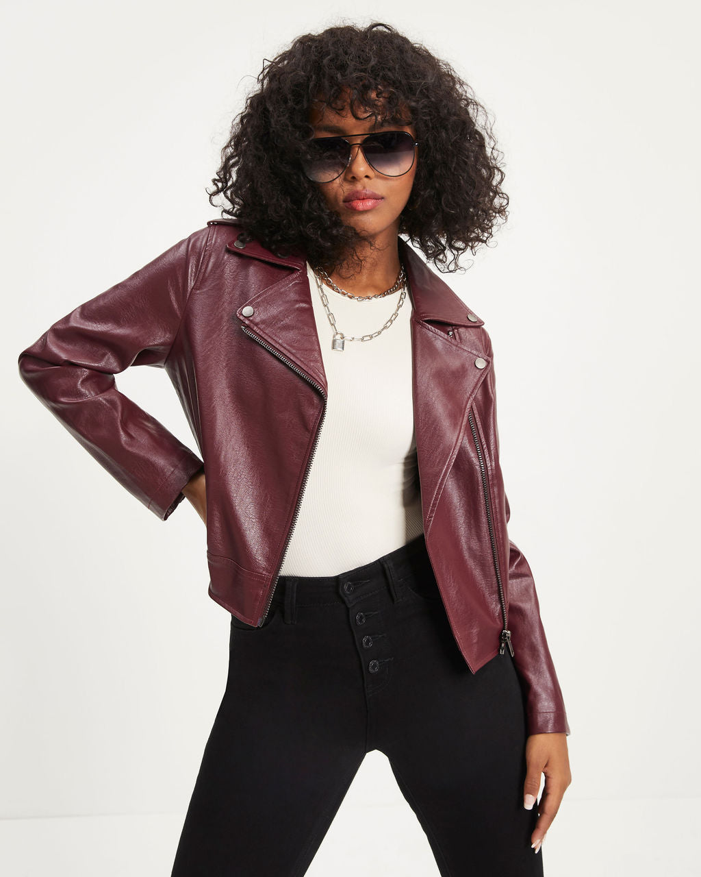 Jingle Bell Rock Pocketed Faux Leather Biker Jacket - Wine
