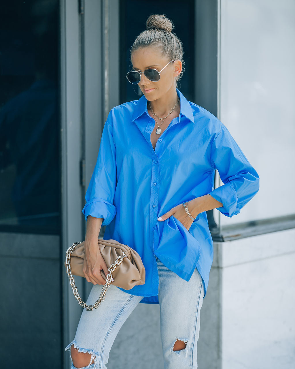 Leslie Button Up Cotton Top - Blue - FINAL SALE