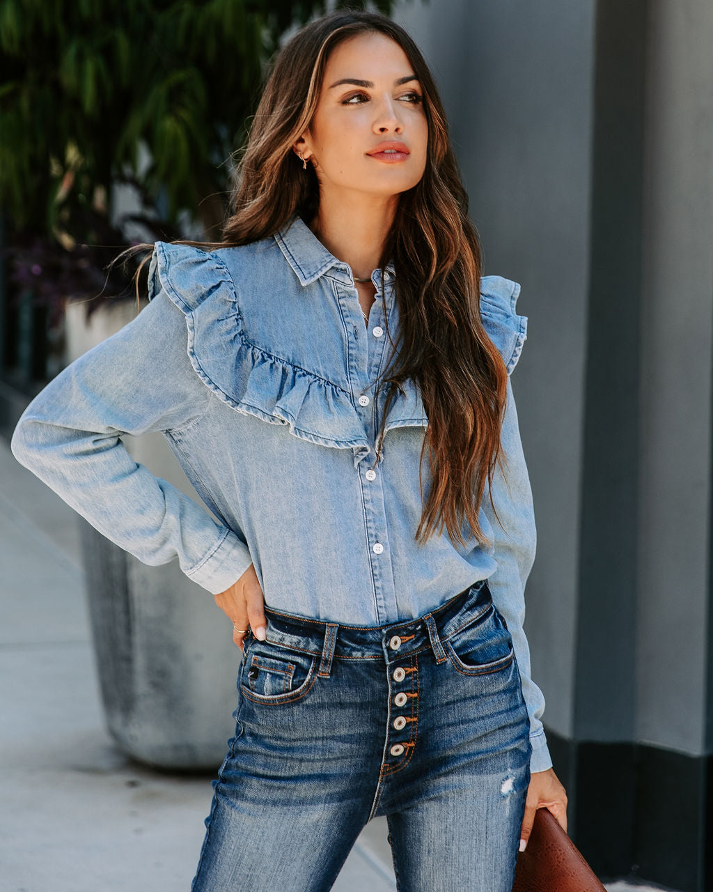 Zephyr Denim Ruffle Button Up Top - SALE
