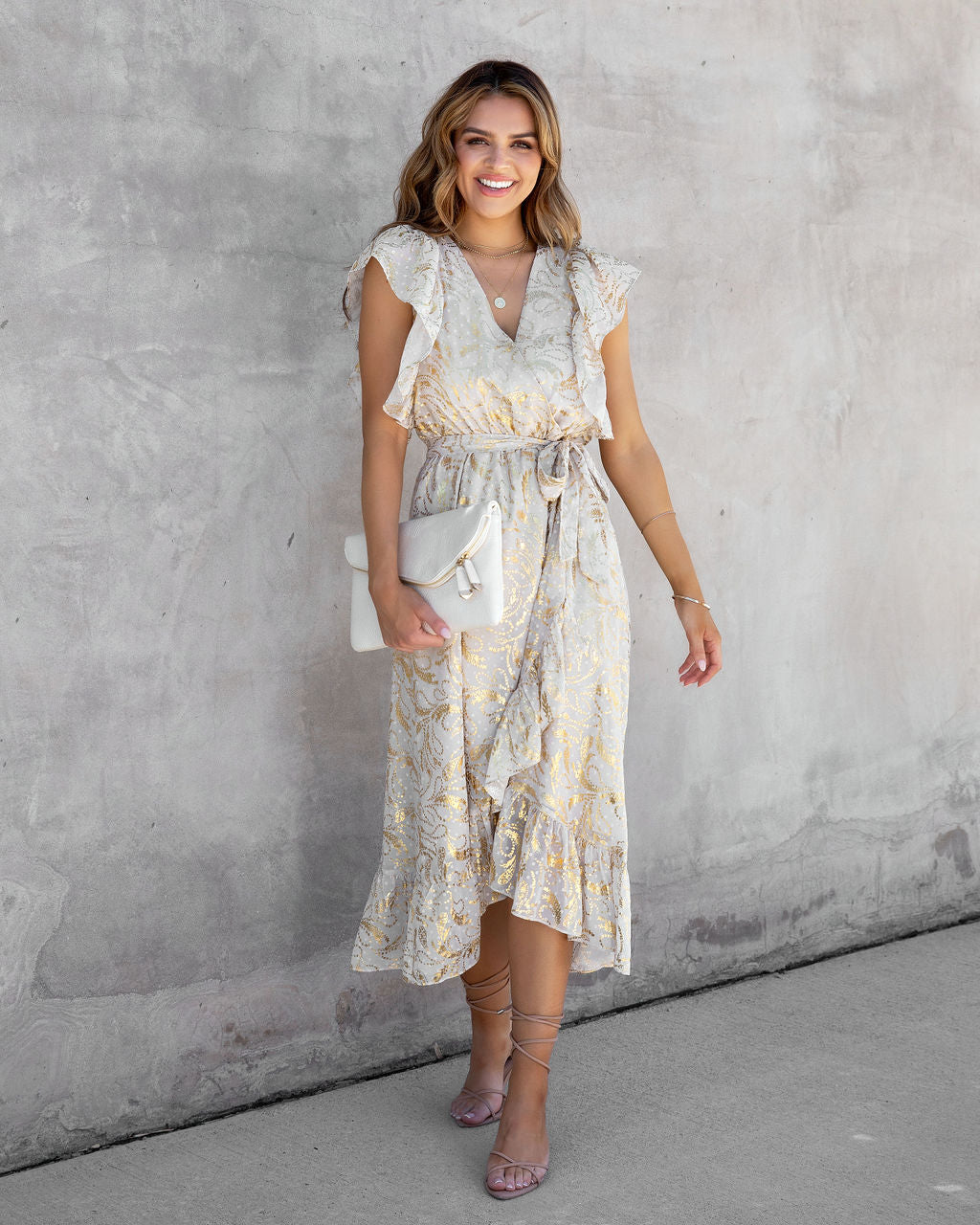 Golden Summer Metallic Ruffle Midi Dress - FINAL SALE
