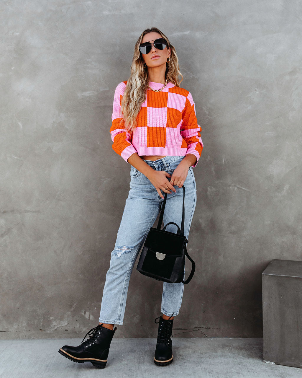 Morris Checkered Pullover Sweater - Pink/Orange Combo