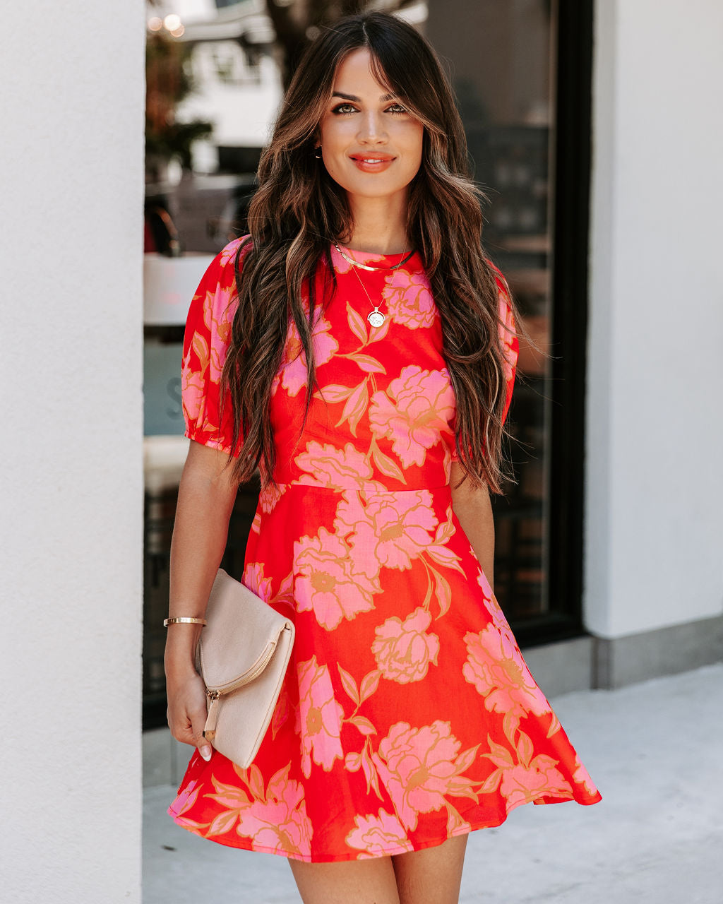 Bunny Cotton Floral Puff Sleeve Mini Dress - Red Pink - SALE