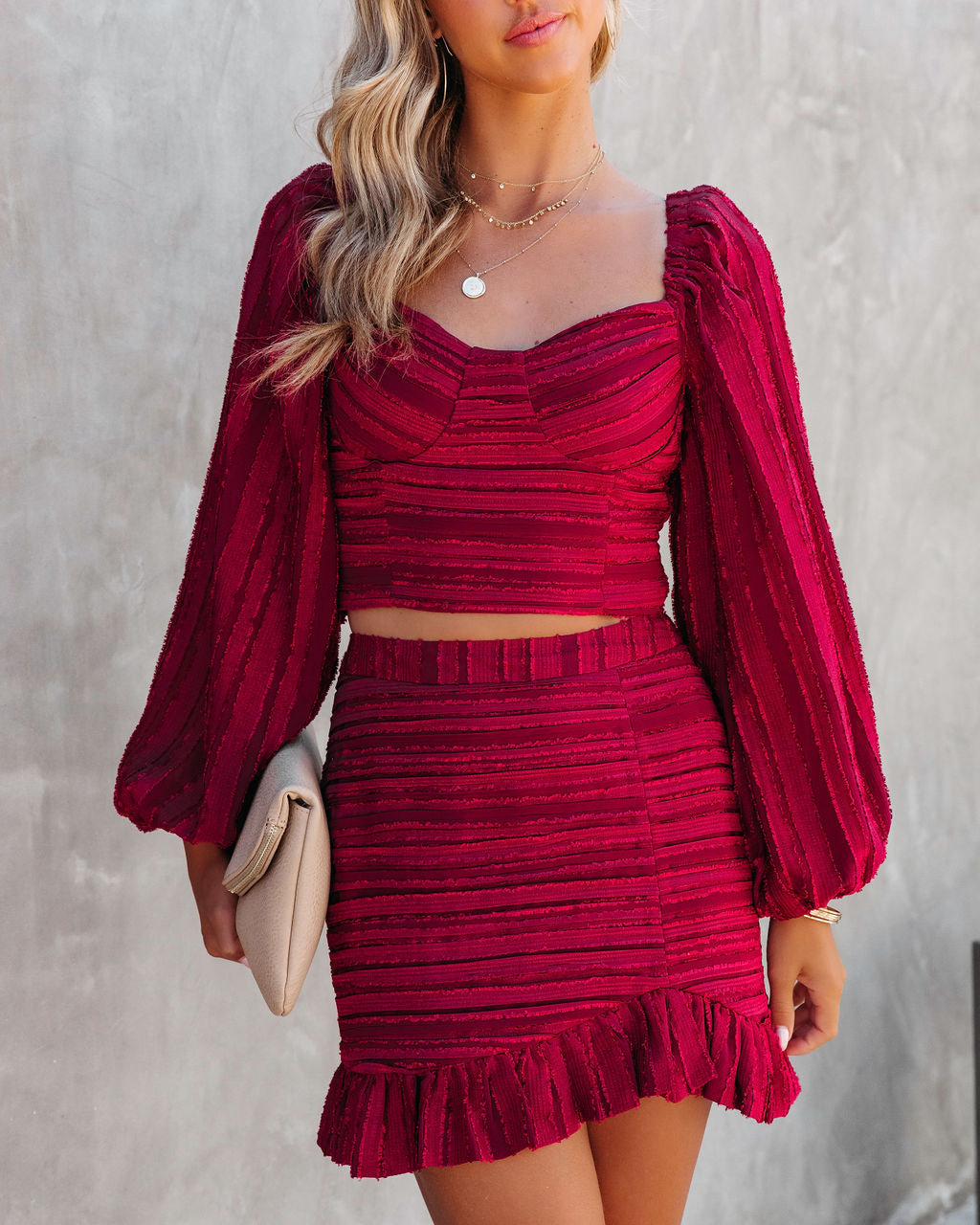 Scarlett Textured Balloon Sleeve Crop Top - Burgundy - FINAL SALE