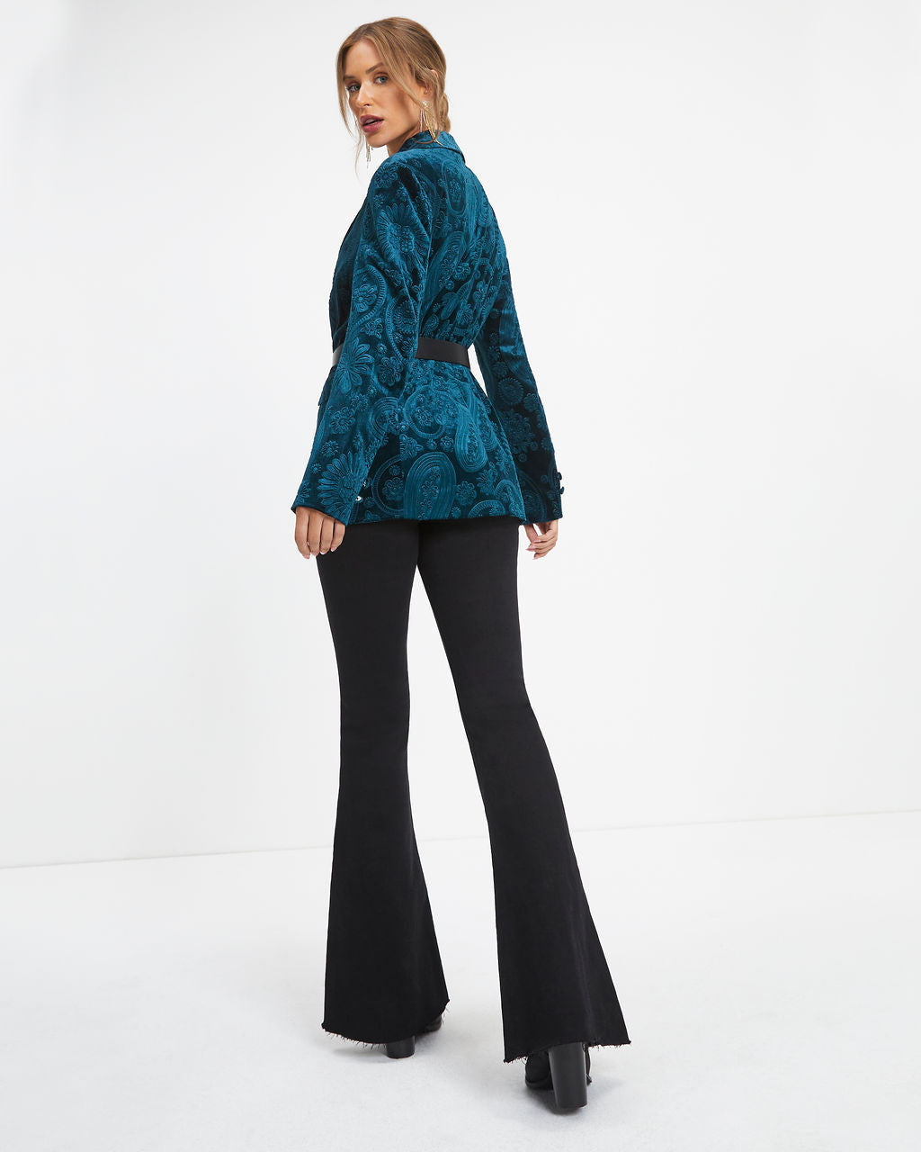 Top Of The Mark Pocketed Floral Embossed Blazer - Dark Teal