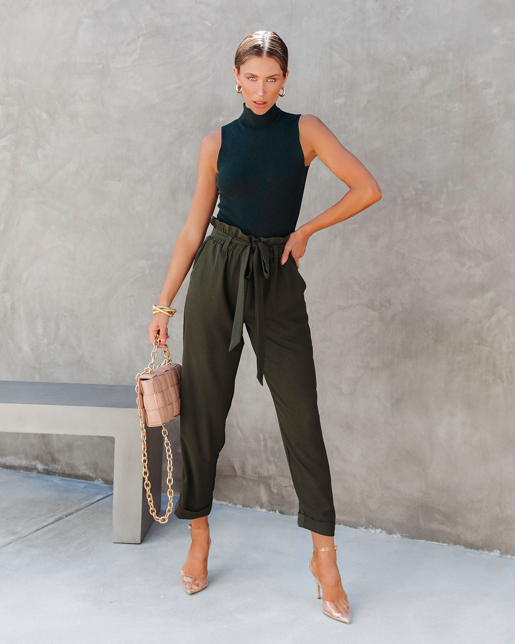 Busy As Usual Pocketed Paper Bag Pants - Dark Olive