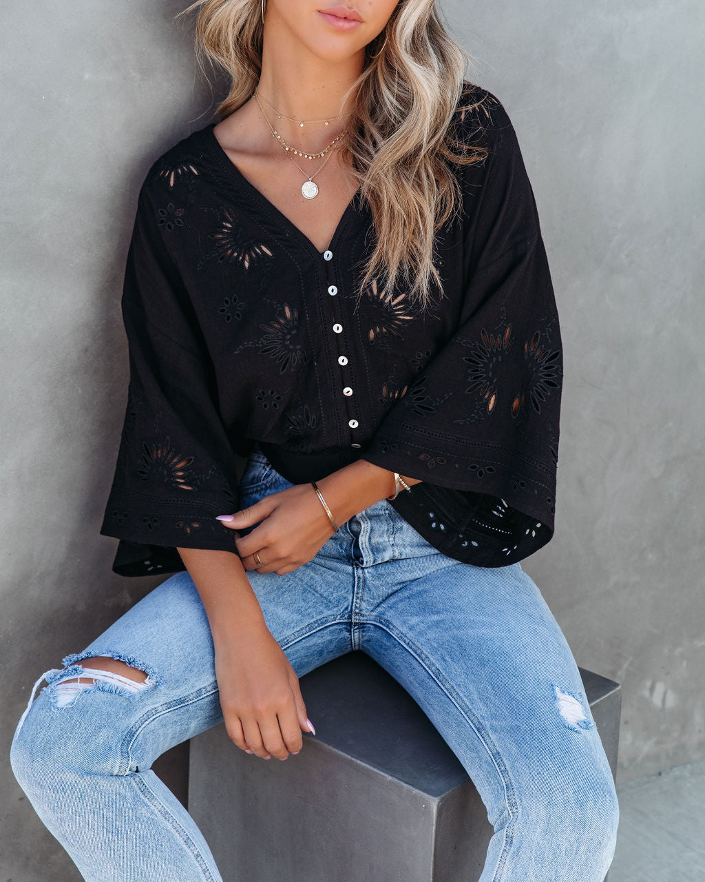 Je T'Aime Eyelet Button Down Top - Black
