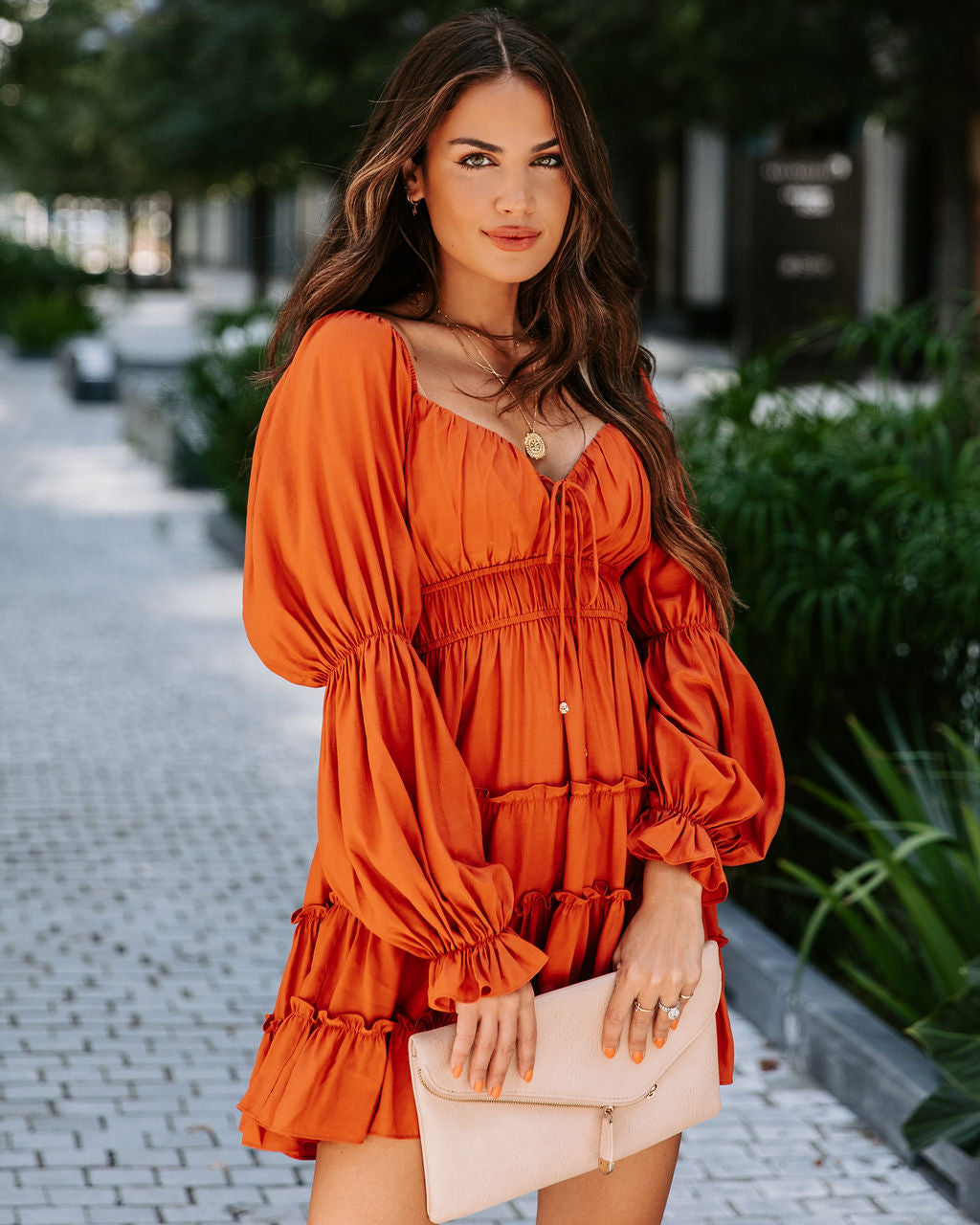 Unrequited Romance Tiered Front Tie Mini Dress - Burnt Orange