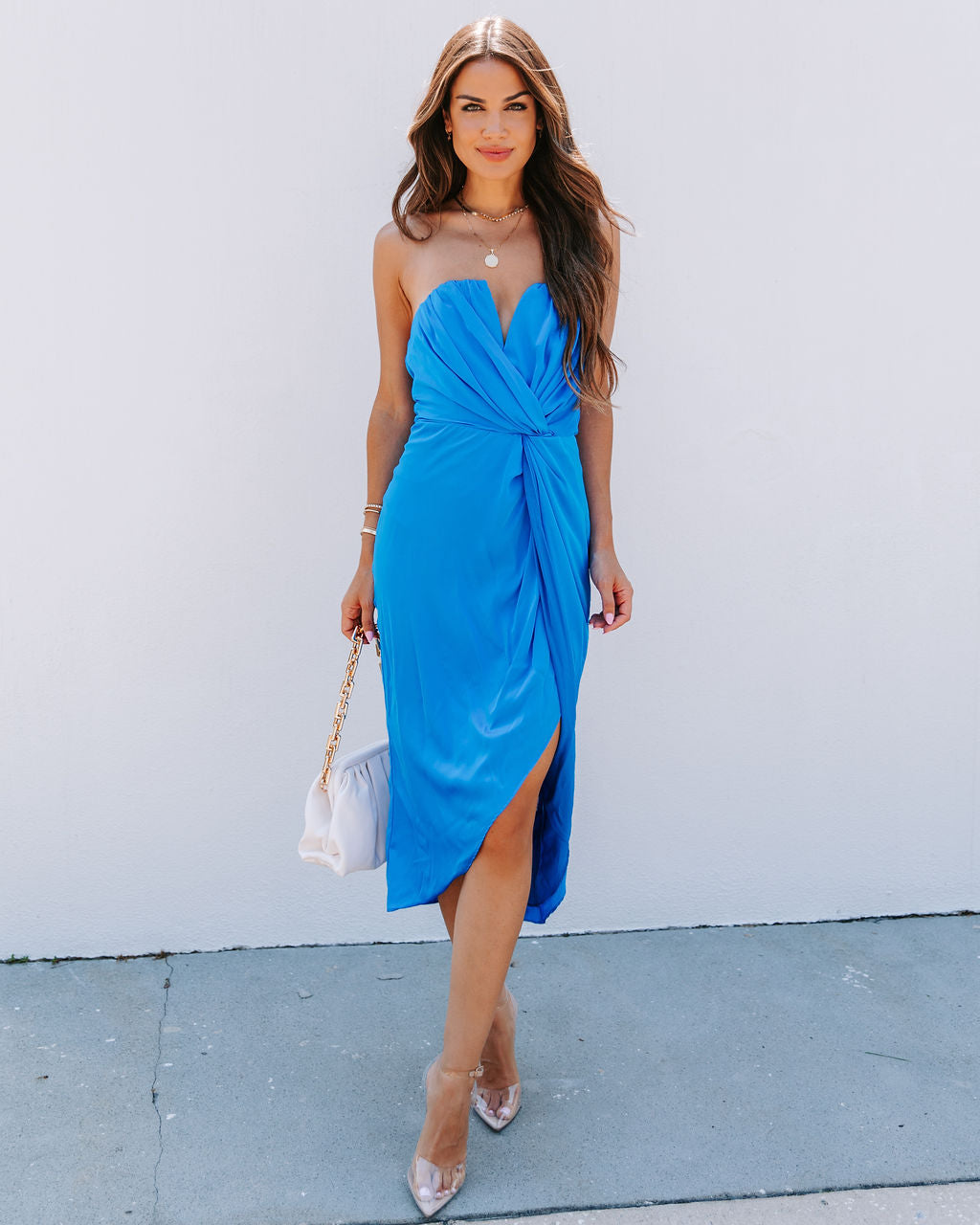 Classy And Fabulous Strapless Satin Midi Dress - Cobalt - FINAL SALE