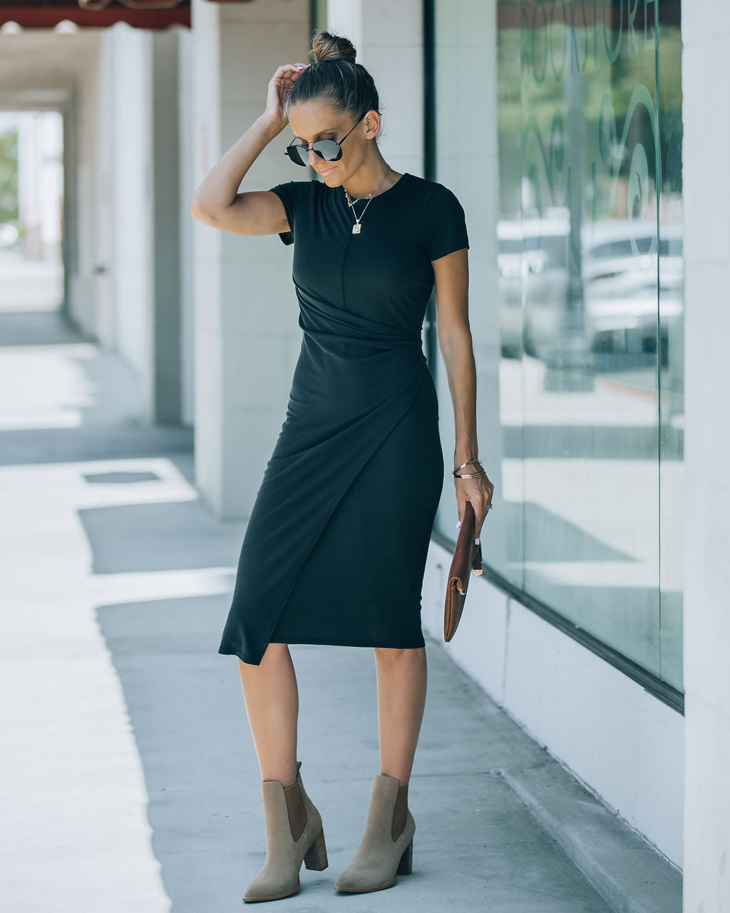Rachel Side Ruched Midi Dress - Black - FINAL SALE