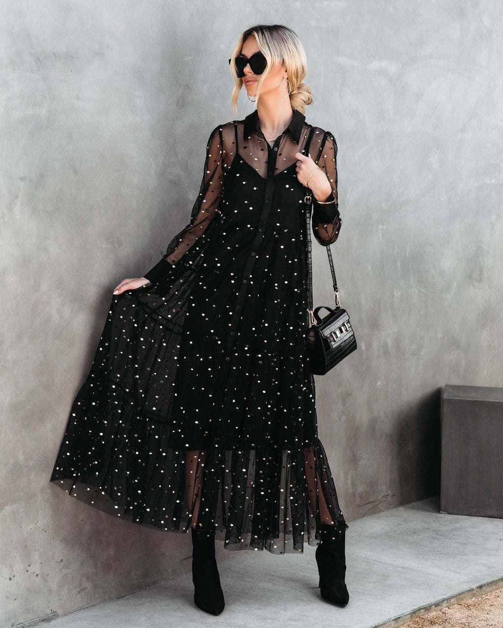 Joaquin Embroidered Mesh Tiered Maxi Dress - Black