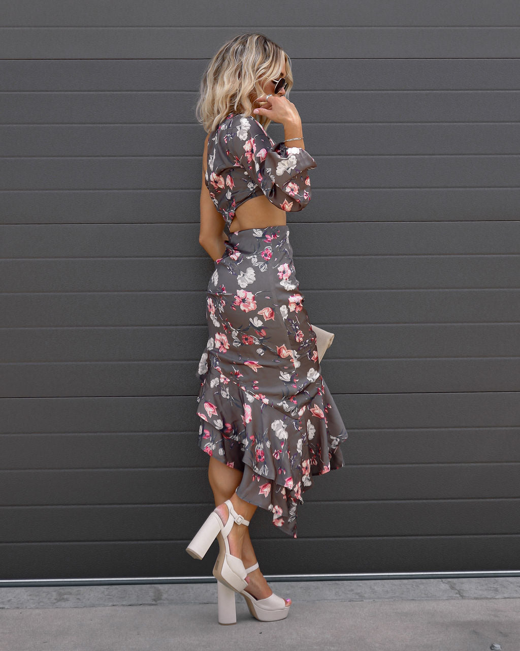 Breathtaking View Satin Floral Cutout Ruffle Midi Dress - SALE
