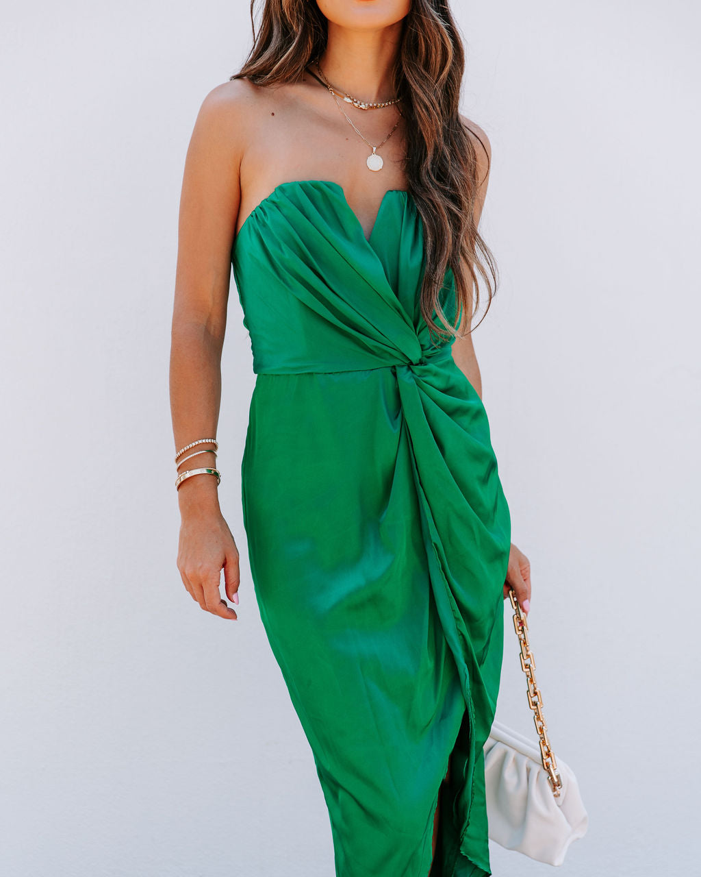 Classy And Fabulous Strapless Satin Midi Dress - Hunter Green - FINAL SALE