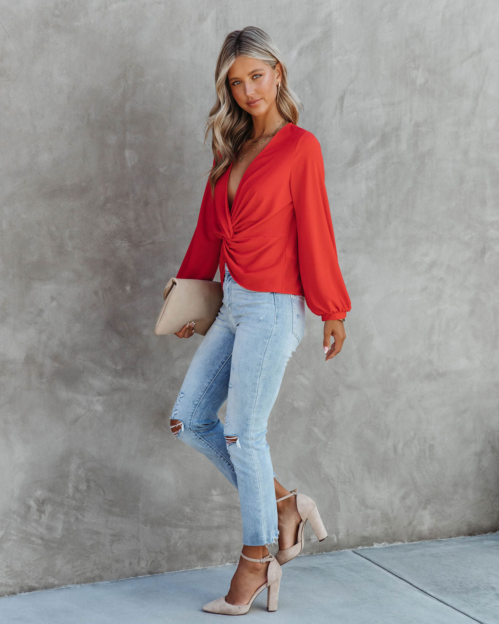 City Dreams Twisted Drape Top - Tomato Red