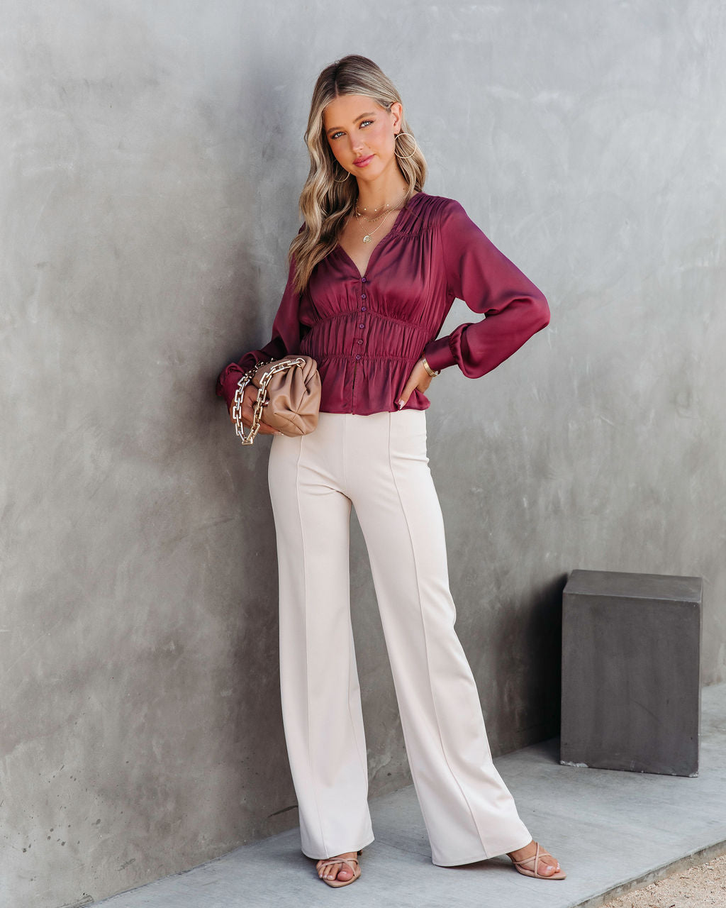 Capulet Satin Smocked Long Sleeve Top - Mauve