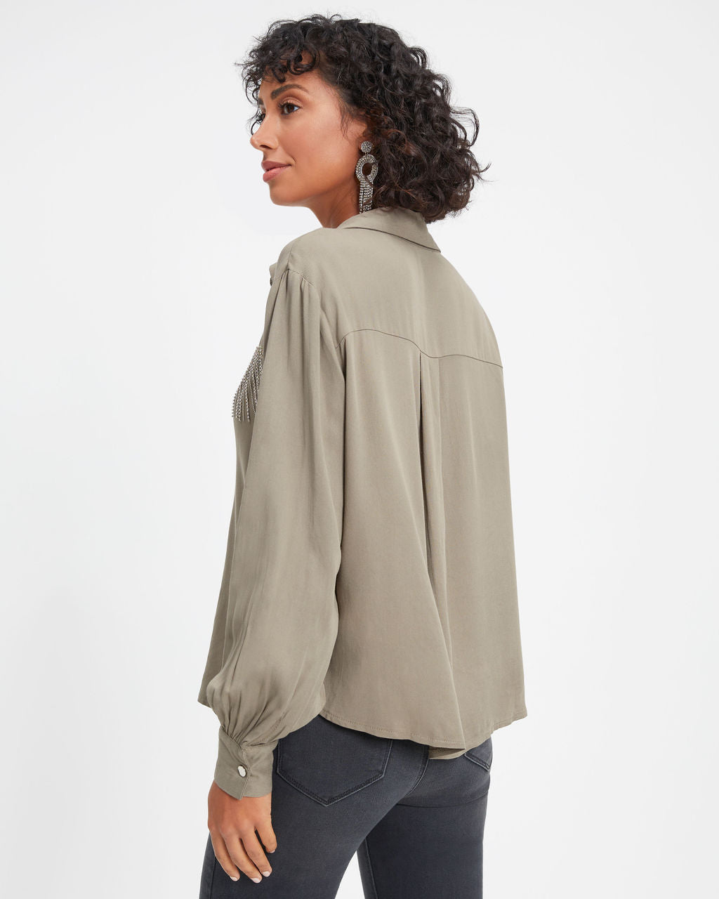 Dolly Glam Rhinestone Fringe Button Down Top - Olive