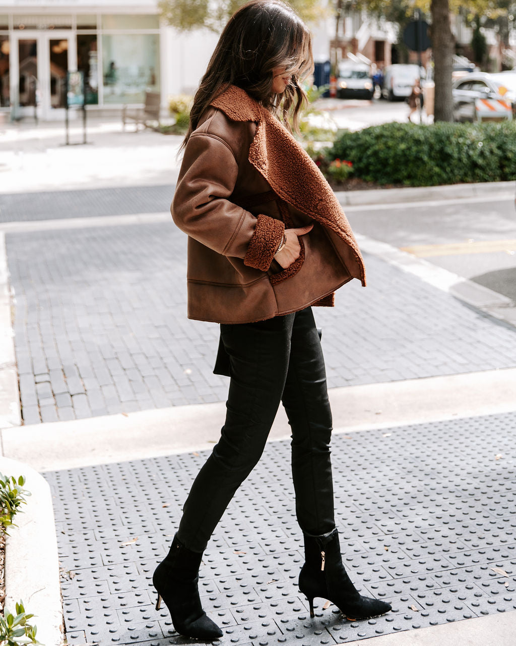 Karen Pocketed Faux Suede Sherpa Trim Jacket - Chocolate