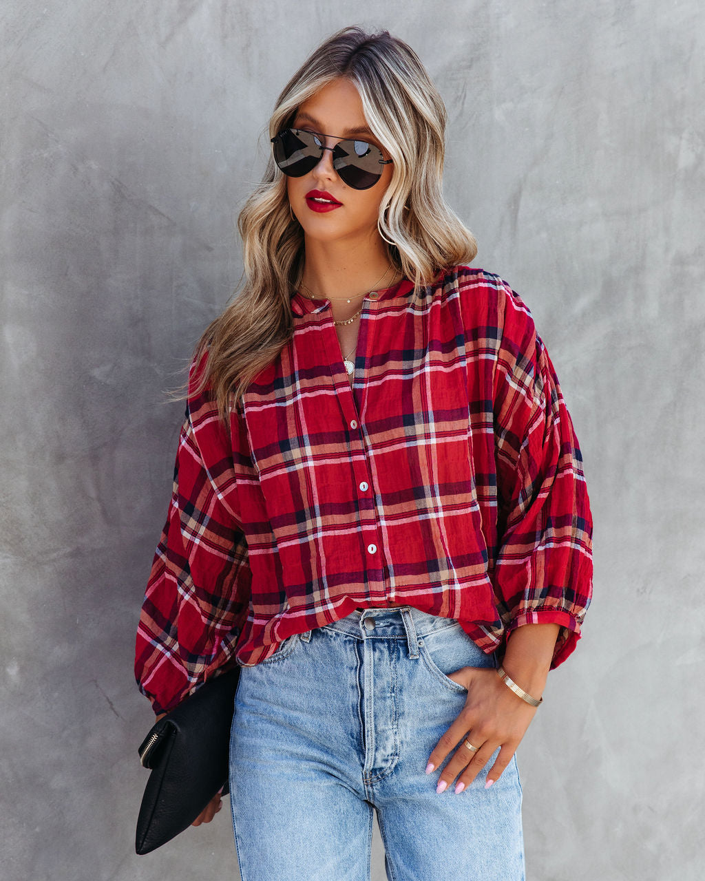 Applecrest Plaid Cotton Button Up Top - SALE