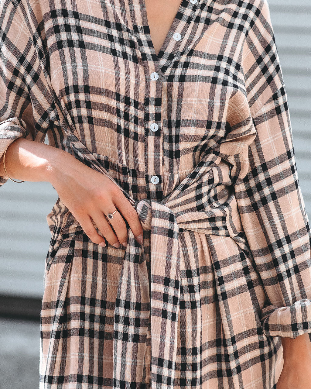 Touch Of Plaid Front Tie Shirt Dress - Camel