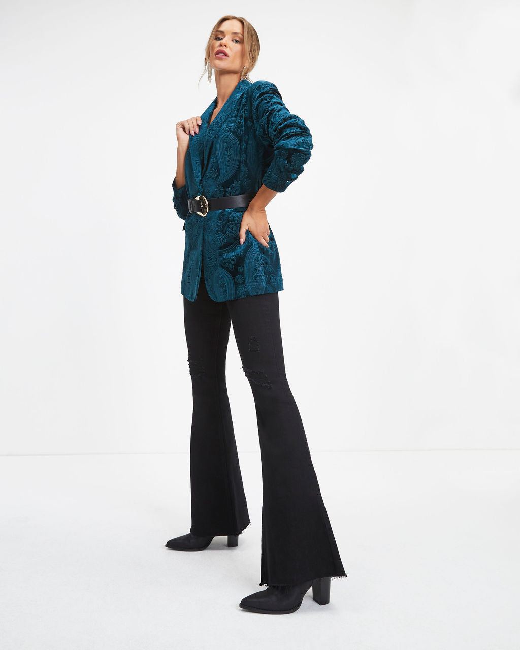 Top Of The Mark Pocketed Floral Embossed Blazer - Dark Teal