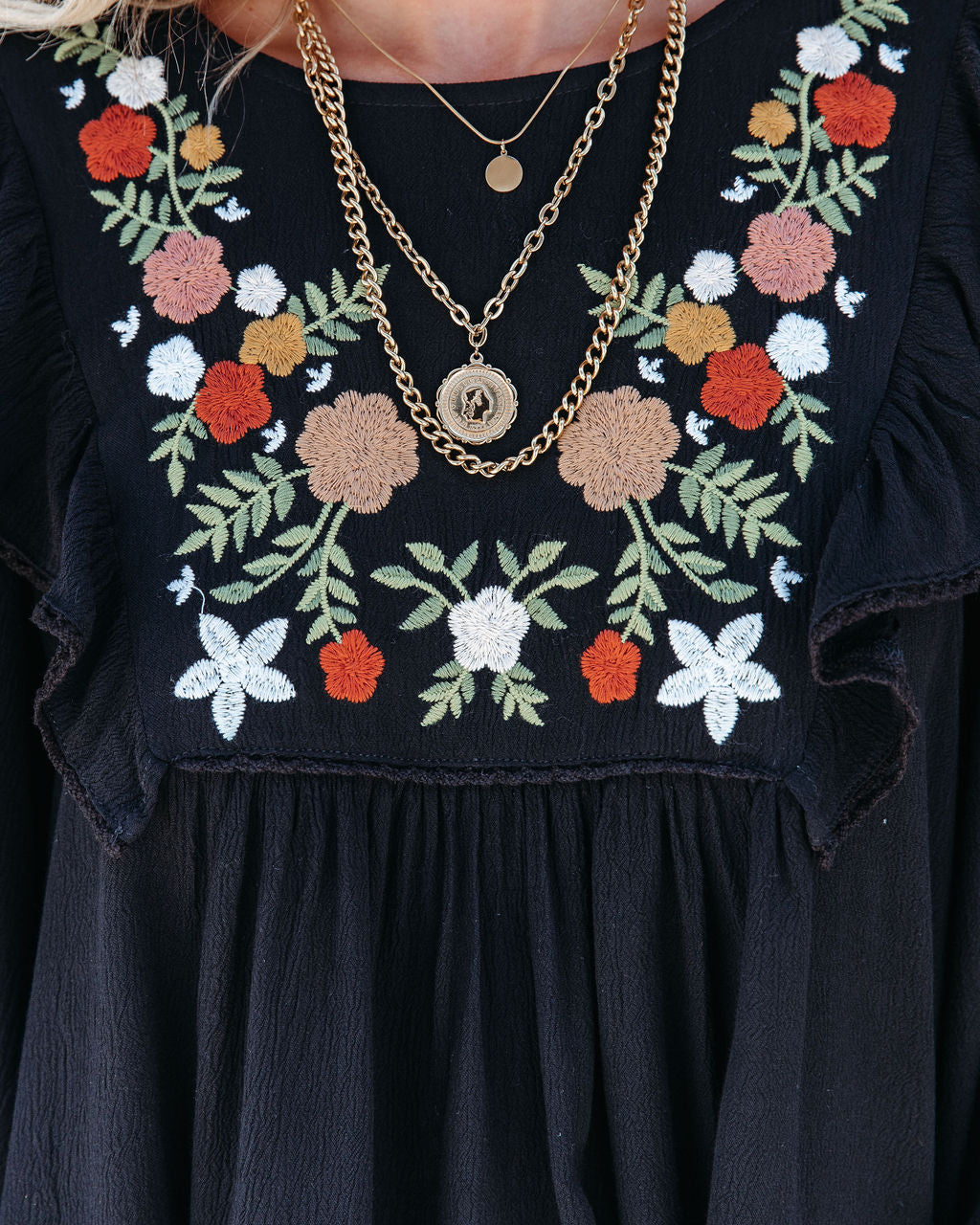 Bohemian Fall Floral Embroidered Babydoll Top - Black - SALE
