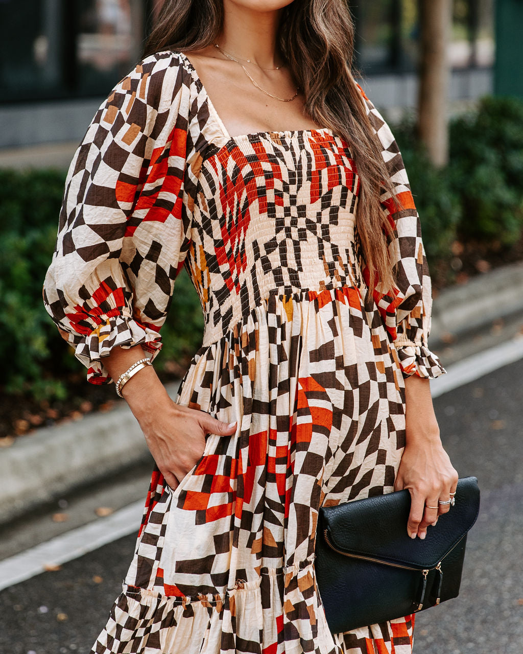 Faye Printed Pocketed Smocked Midi Dress