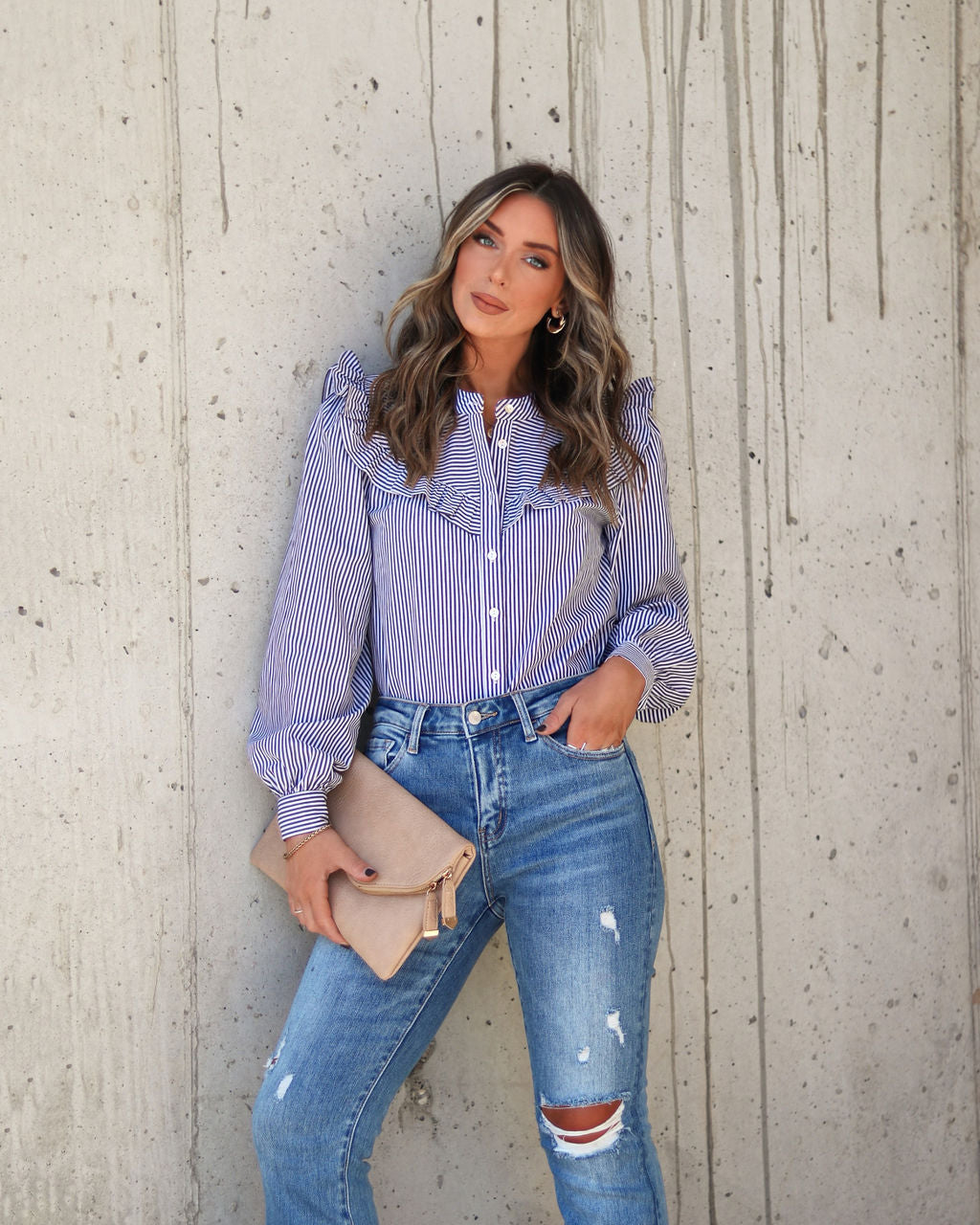 9 To 5 Cotton Ruffle Stripe Button Top