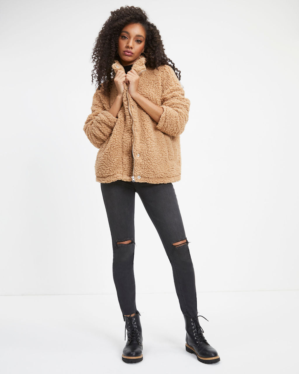 Cabin Dates Pocketed Teddy Jacket - Camel