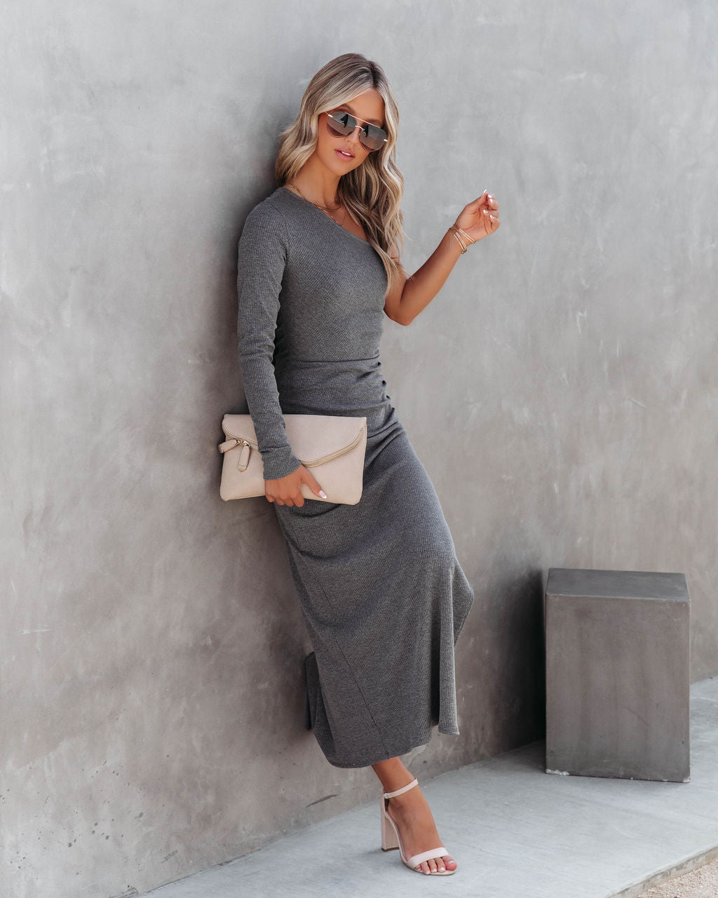 Such A Stunner One Shoulder Ribbed Maxi Dress - Charcoal - FINAL SALE