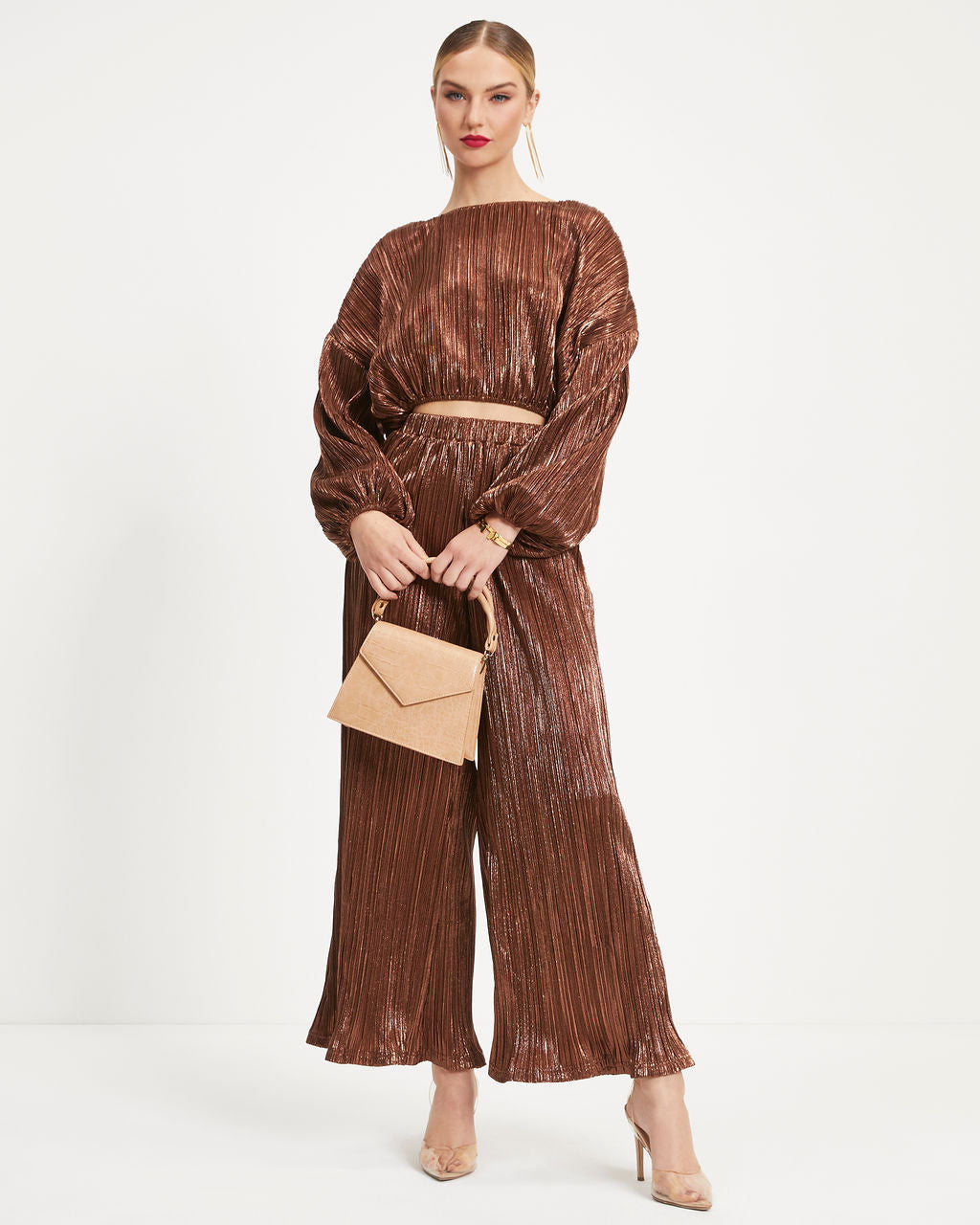 Kiyara Billowed Shimmer Plisse Top - Bronze