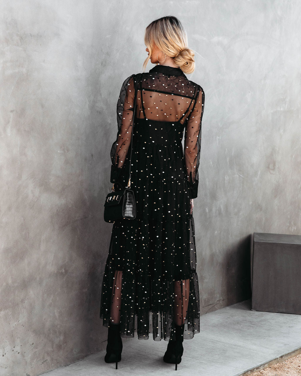 Joaquin Embroidered Mesh Tiered Maxi Dress - Black