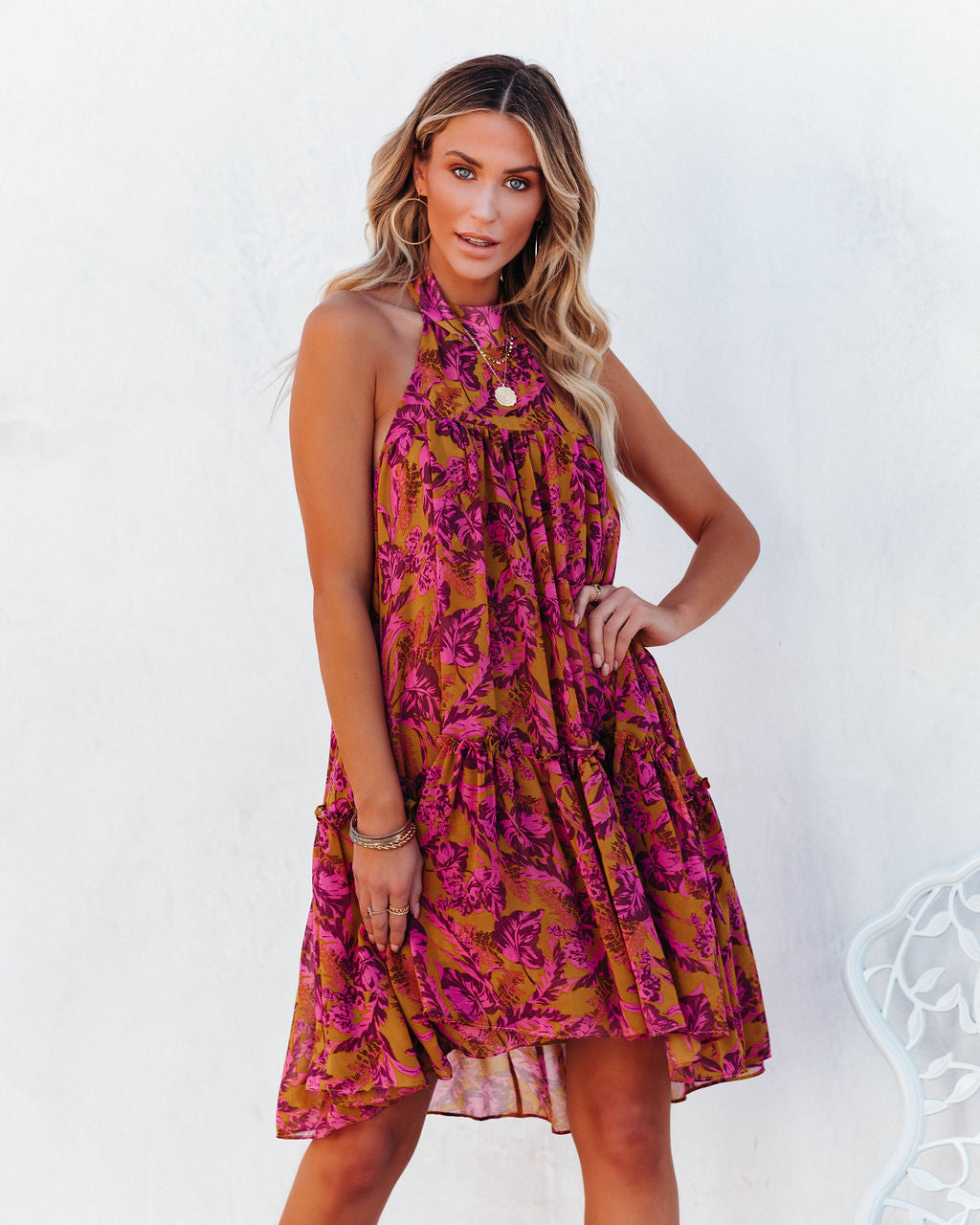 Plum Floral Backless Halter Mini Dress
