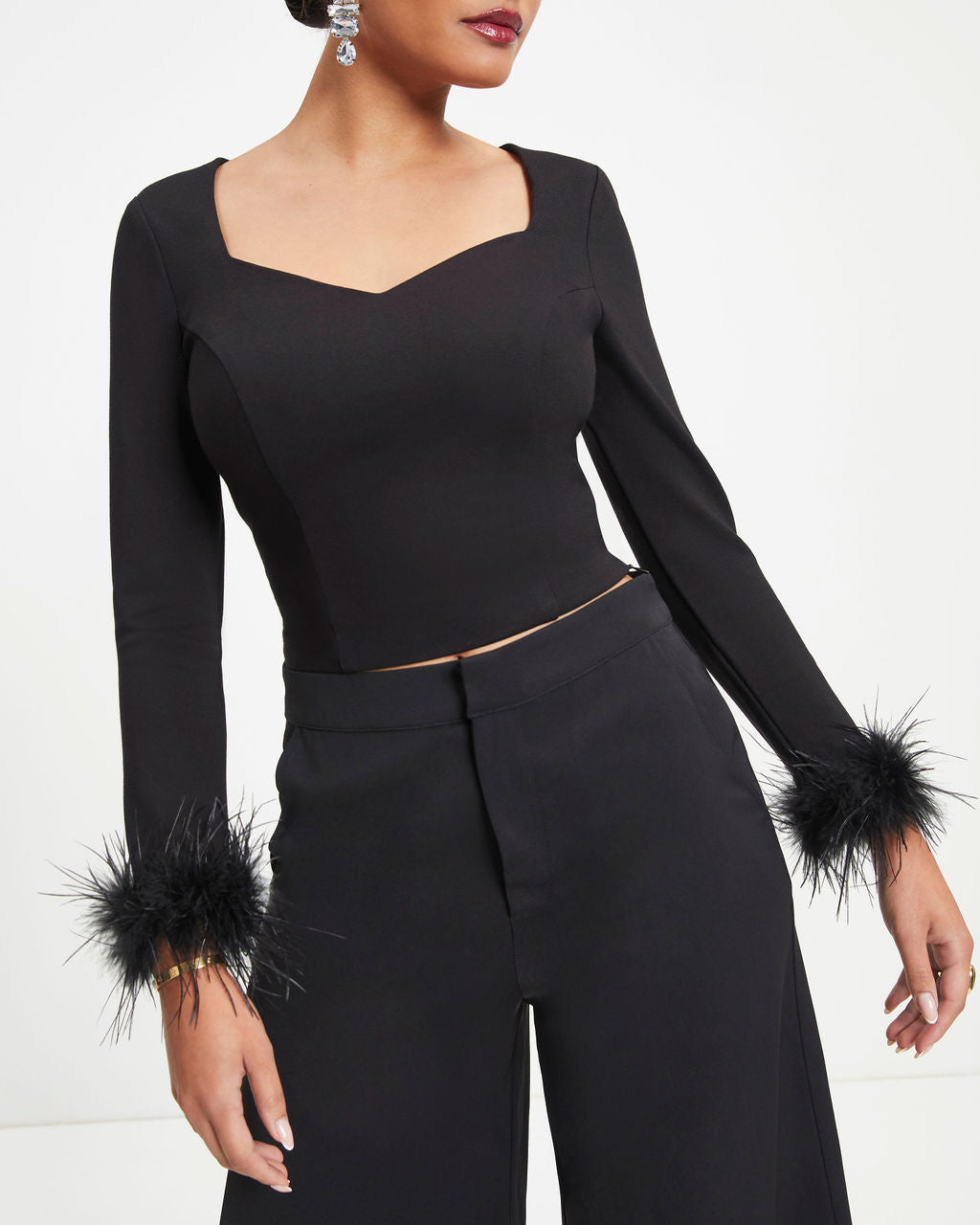 New Lover Feather Trim Long Sleeve Top - Black