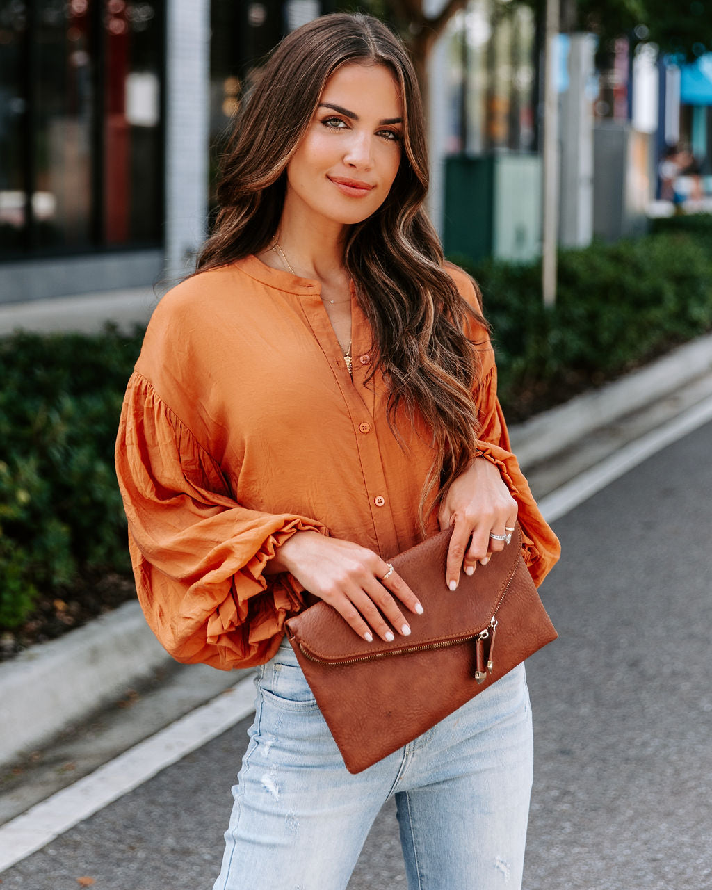 Asher Balloon Sleeve Button Down Top - Clay - SALE