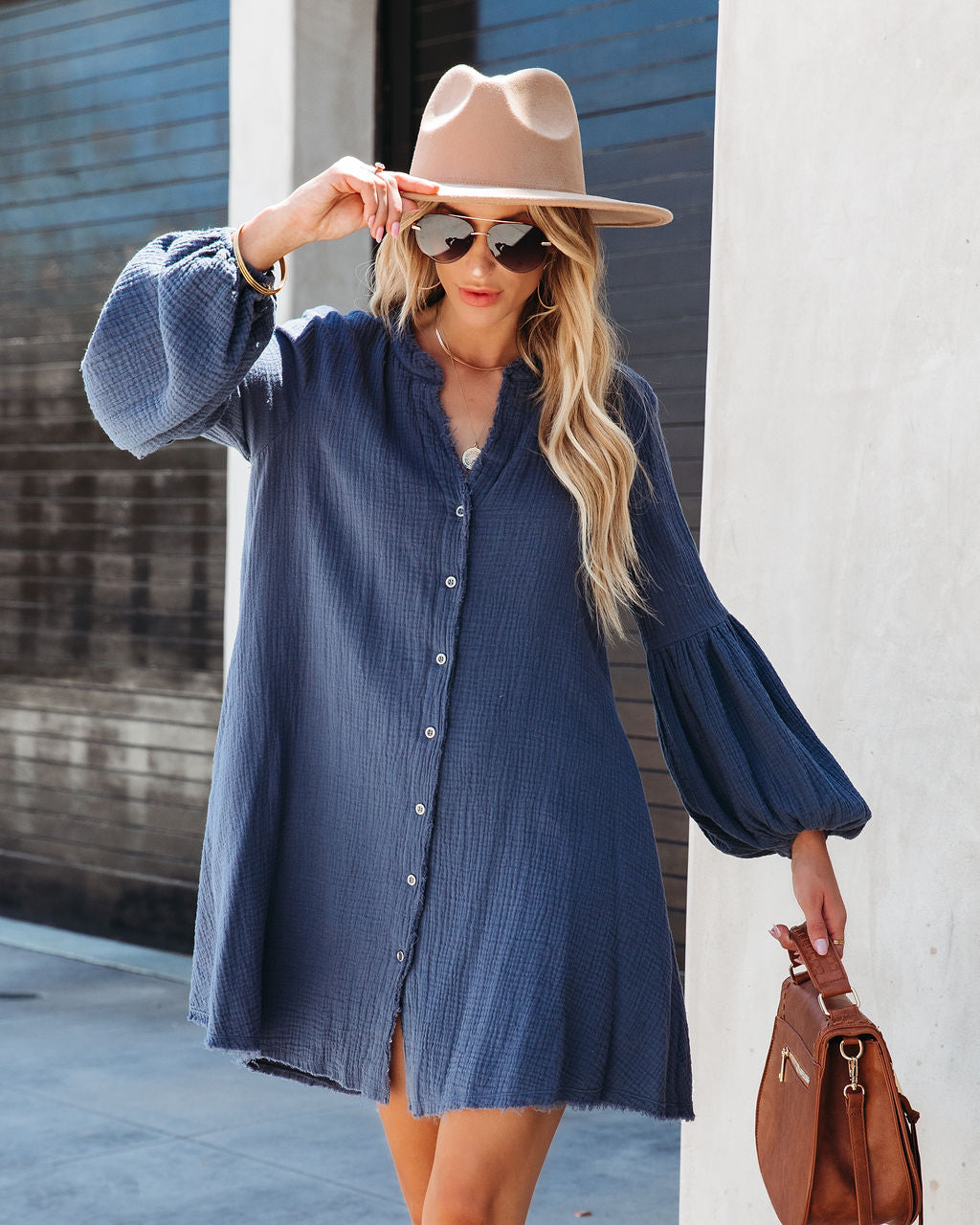 Blakeley Cotton Pocketed Button Down Shirt Dress - Navy - SALE