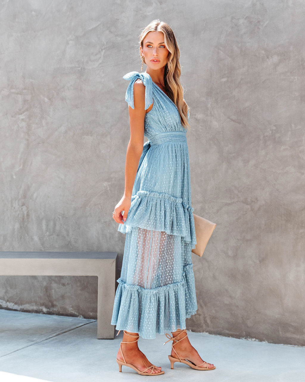 Carrie In Paris Tiered Tulle Midi Dress - Blue Grey