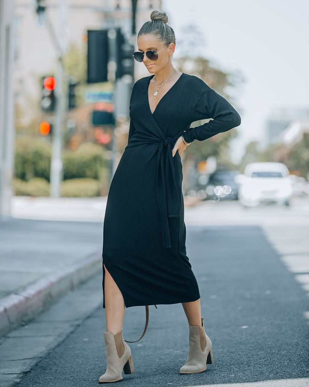 Dante Ribbed Knit Front Tie Midi Dress - Black