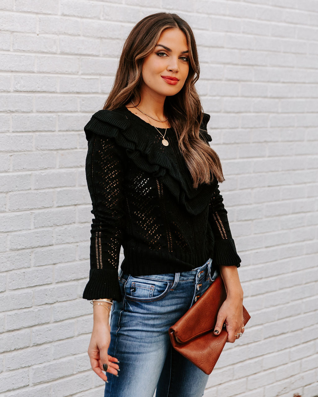 Janessa Ruffle Pointelle Knit Sweater - SALE