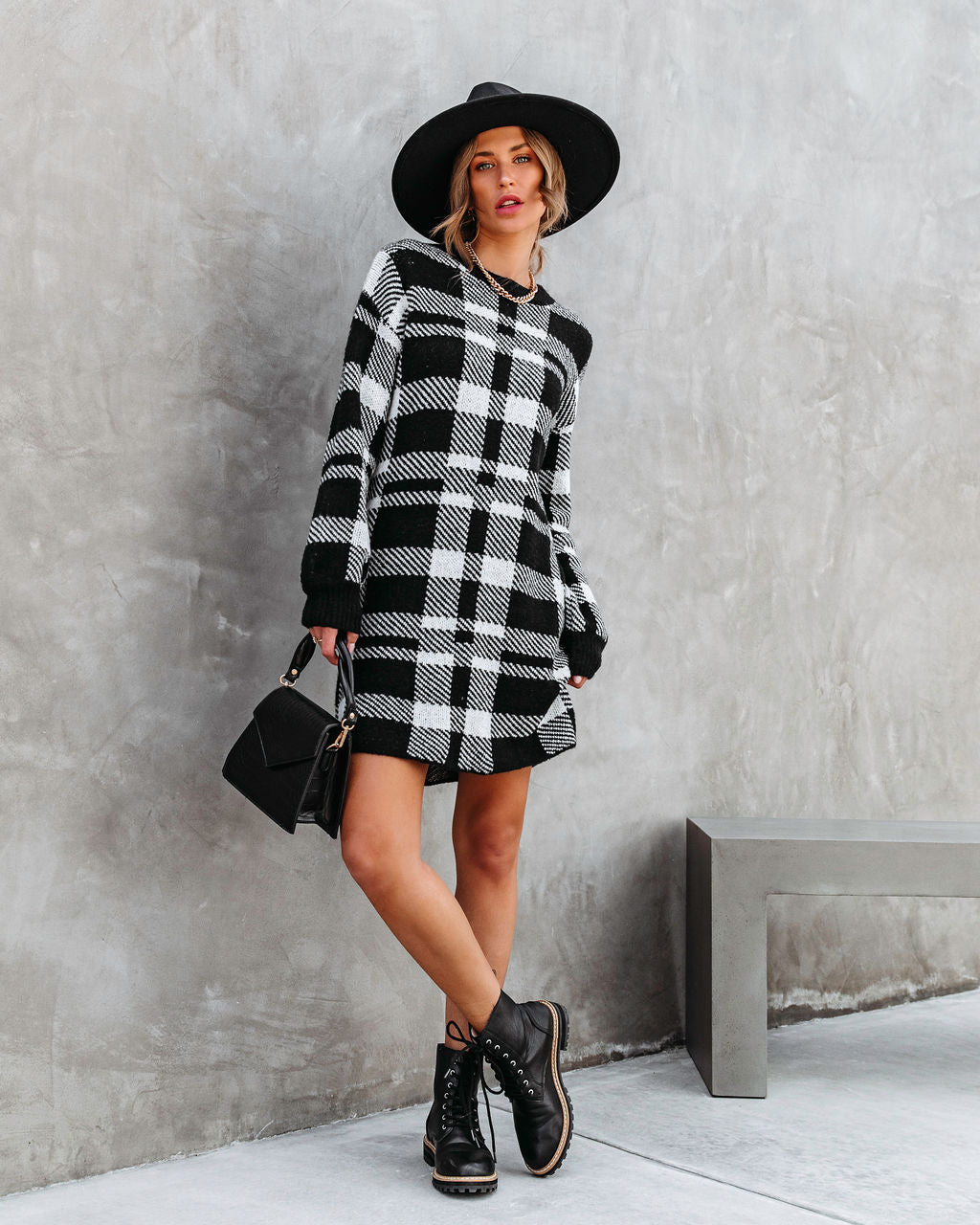 Very Forward Plaid Knit Sweater Dress