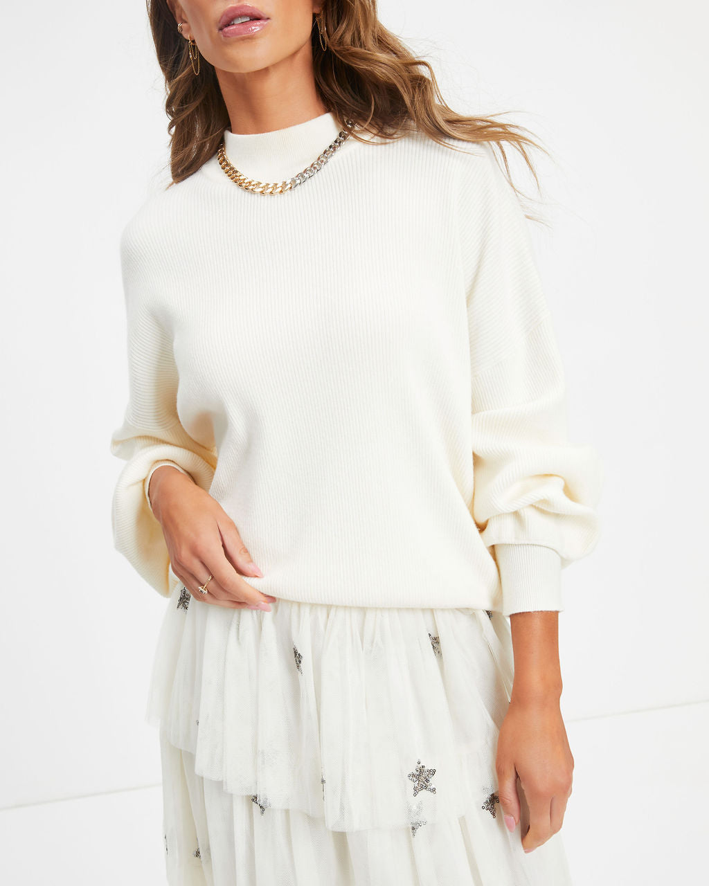 Russ Mock Neck Ribbed Sweater - Ivory