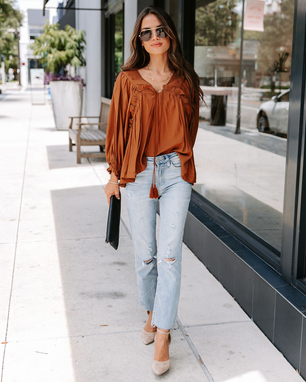 Arrow Ruffle Tassel Tie Top - Cinnamon - SALE