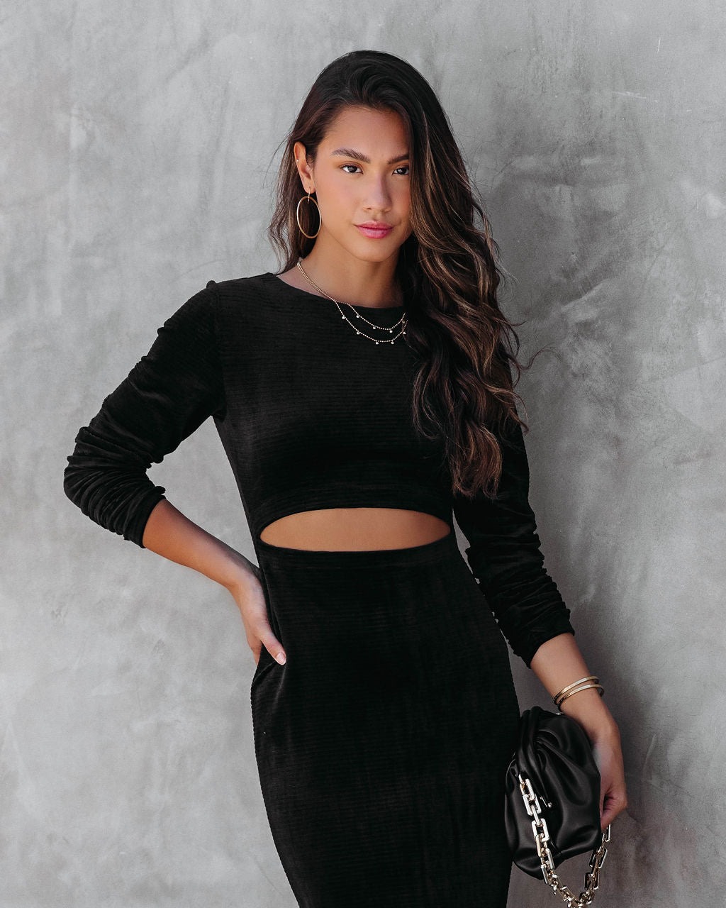 Sultry Femme Velvet Cutout Midi Dress - Black