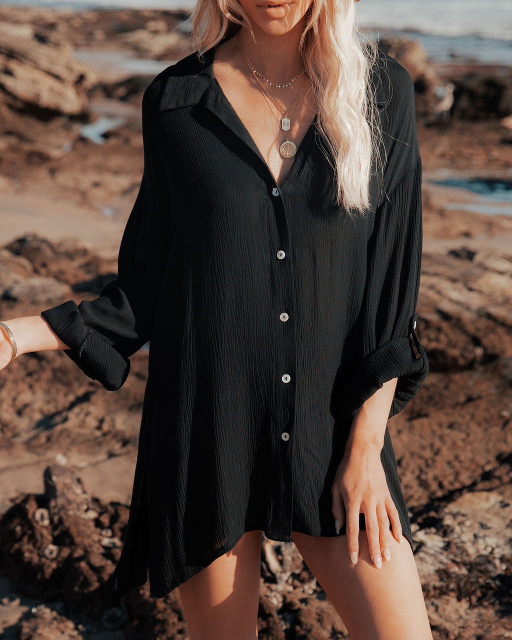 Jeanette Button Down Tunic Top - Black