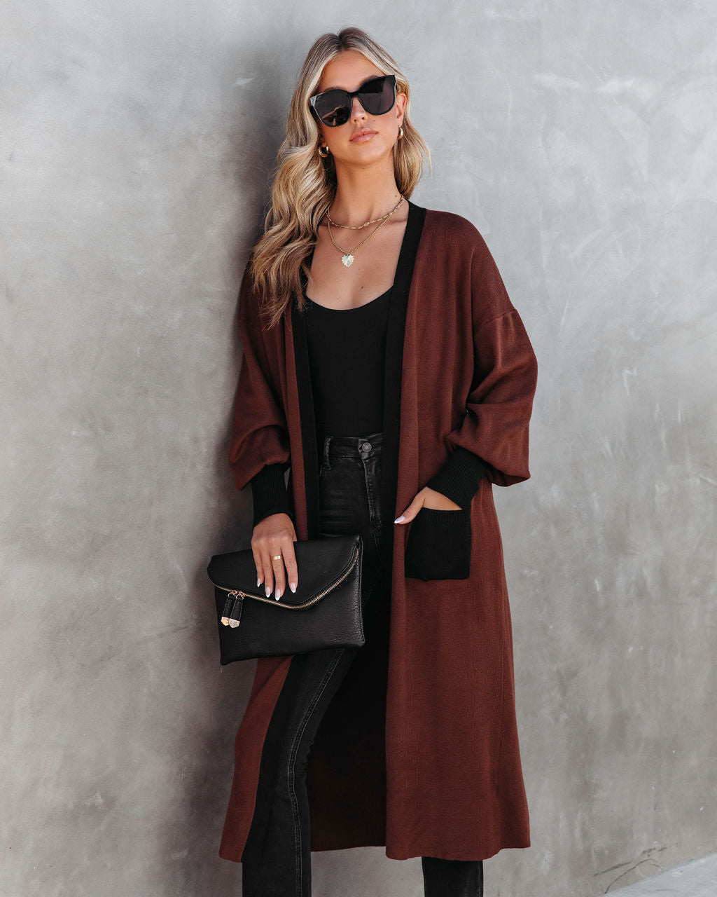 Weekend Errands Pocketed Duster Cardigan - Chocolate