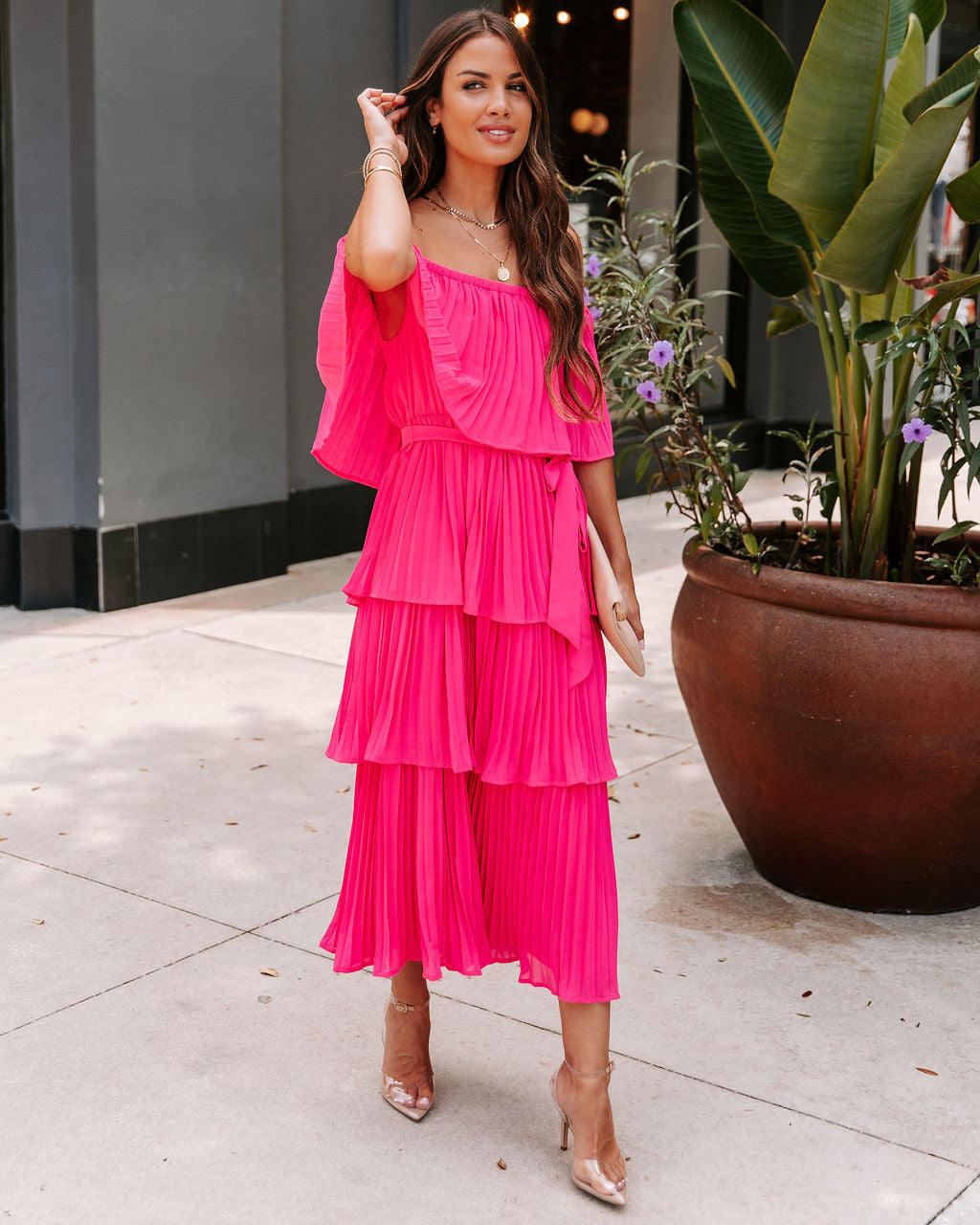 Simaria Pleated Tiered Midi Dress - Hot Pink - FINAL SALE
