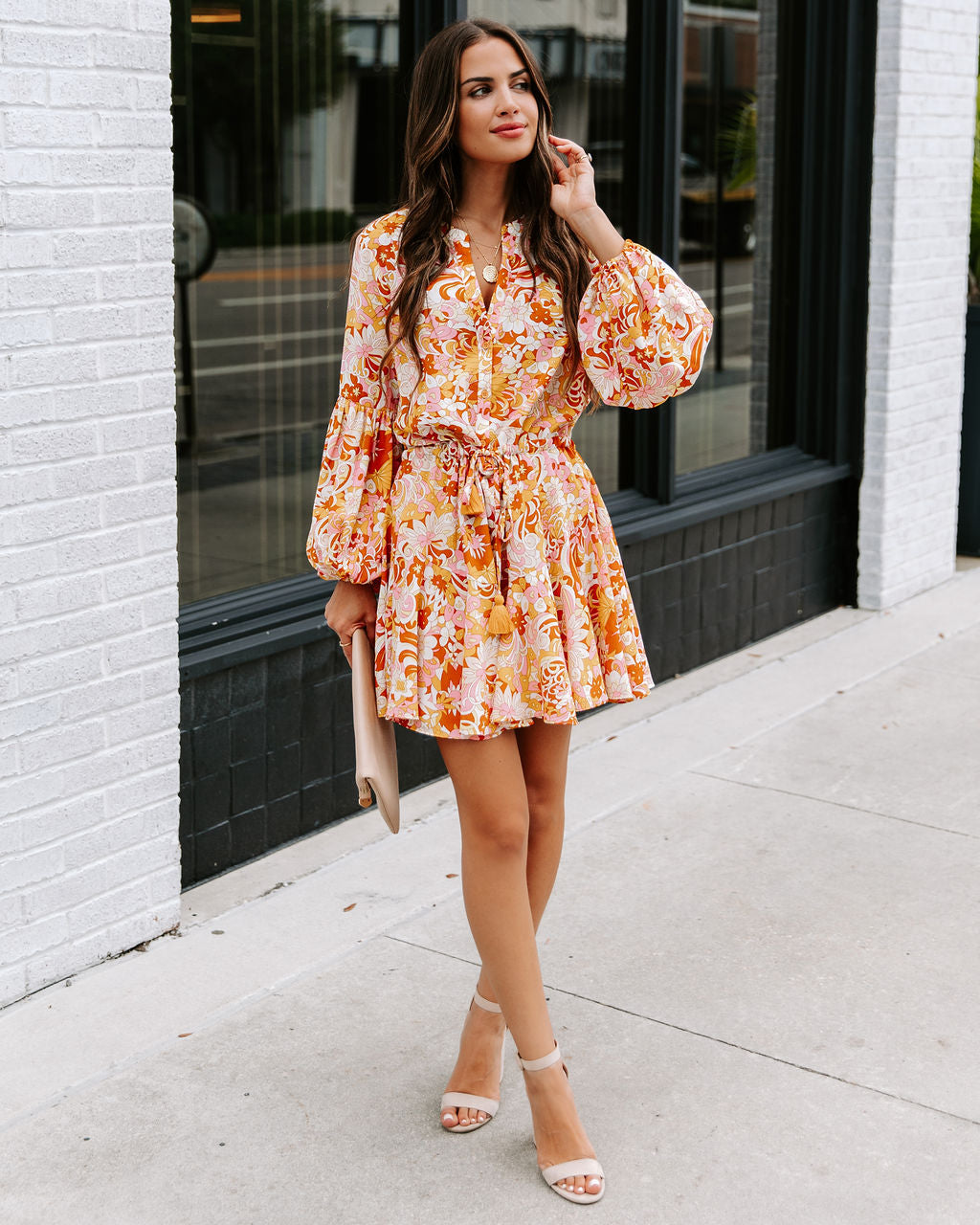 Groovy Doll Floral Adjustable Balloon Sleeve Dress